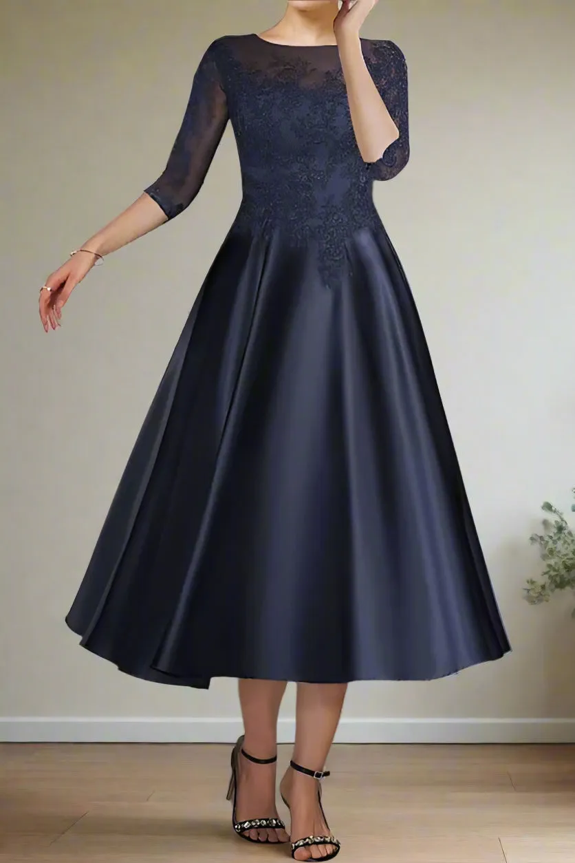 Dark Navy Appliques Tea Length A-Line Mother of the Bride Dress