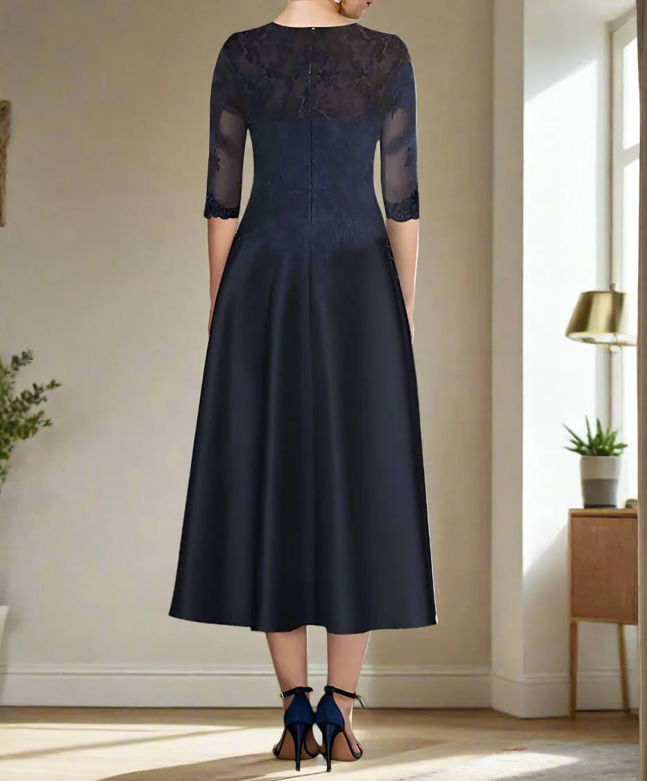 Dark Navy Appliques Tea Length A-Line Mother of the Bride Dress