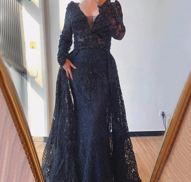 Dubai Blue Luxury Long Sleeves Evening Dresses V-Neck Handmade Flowers Crystal Sexy Evening Gowns Plus Size