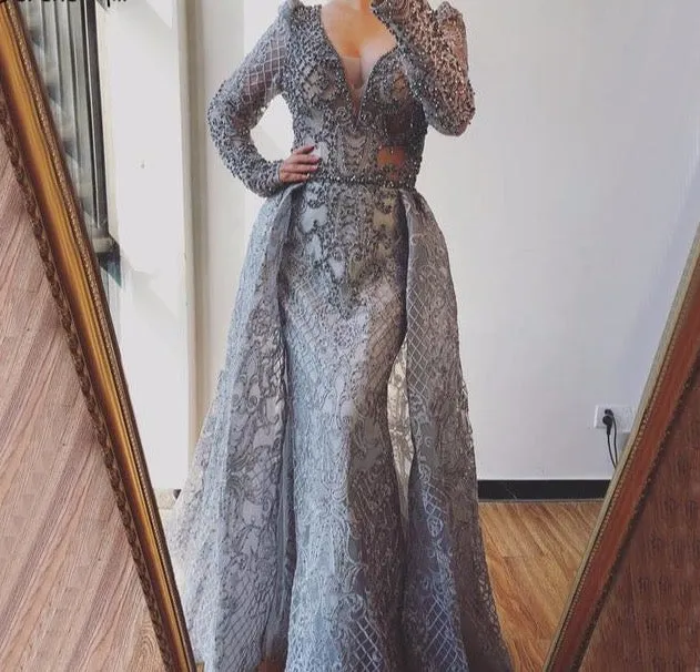 Dubai Blue Luxury Long Sleeves Evening Dresses V-Neck Handmade Flowers Crystal Sexy Evening Gowns Plus Size