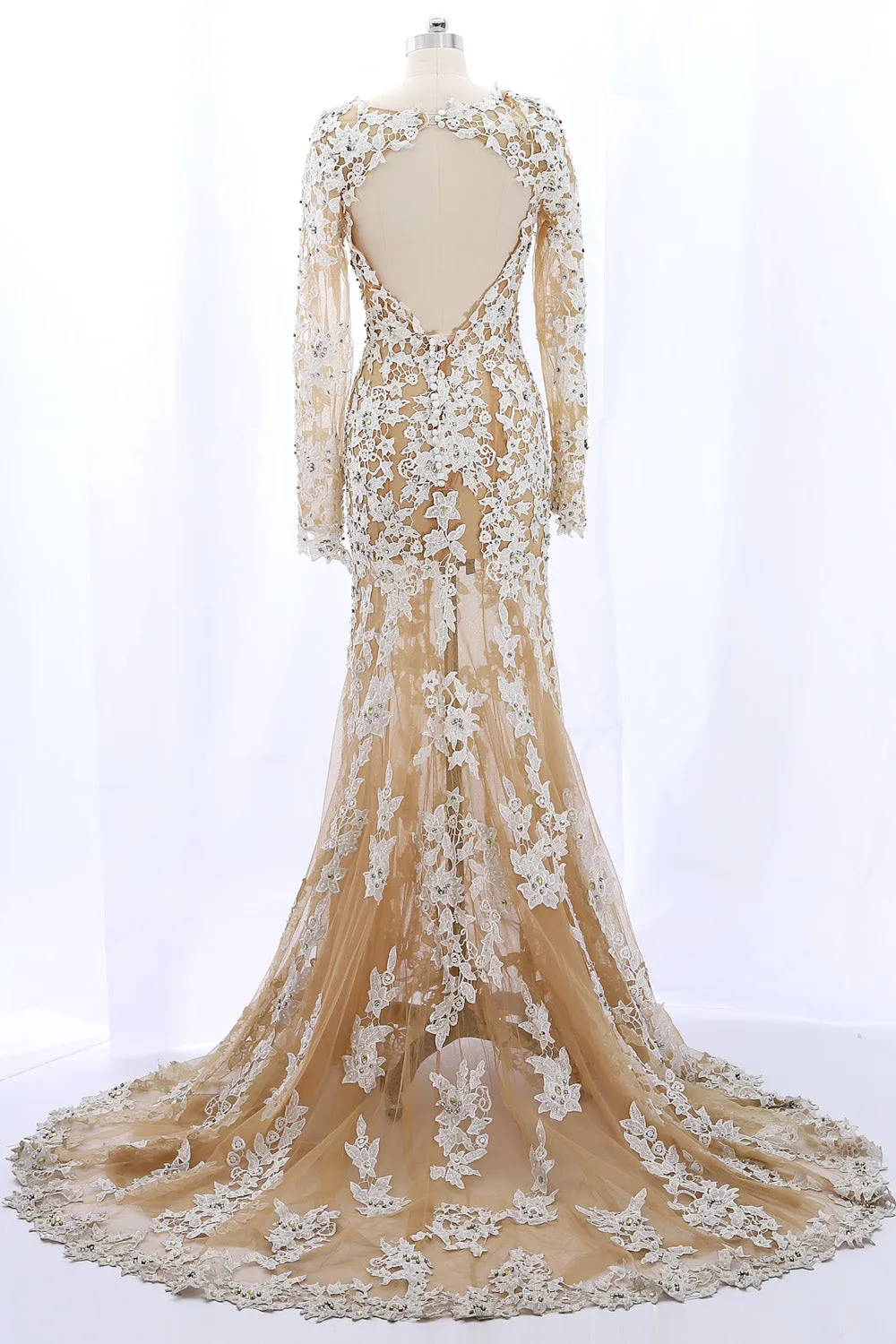 MACloth Long Sleeves Lace Mermaid Champagne Evening Formal Gown