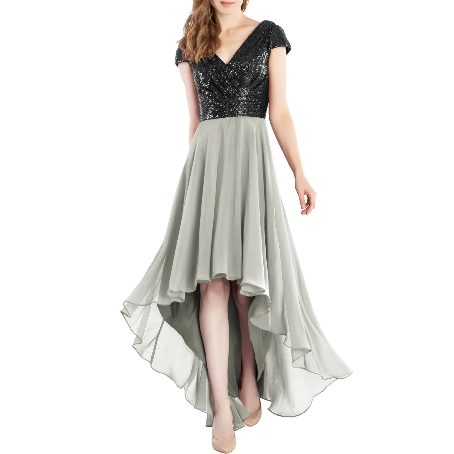 MACloth Mother of Bride Dresses Cap Sleeves High Low Sequin Wedding Formal Gown