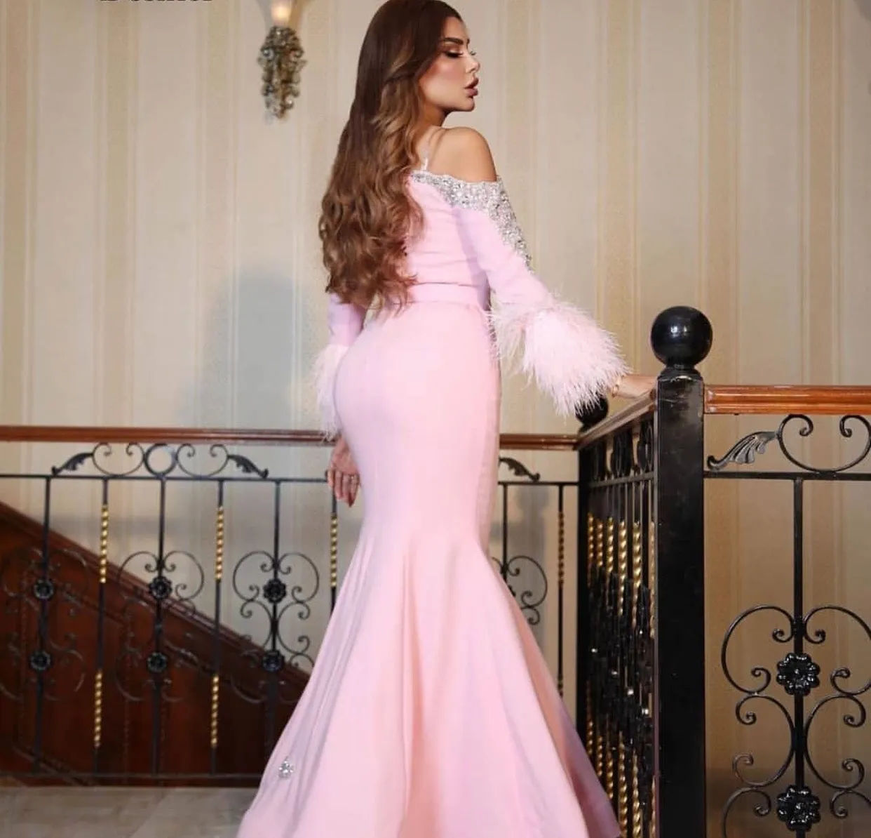 pink evening dresses long sleeve feather beaded mermaid elegant luxury evening gown robe de soiree